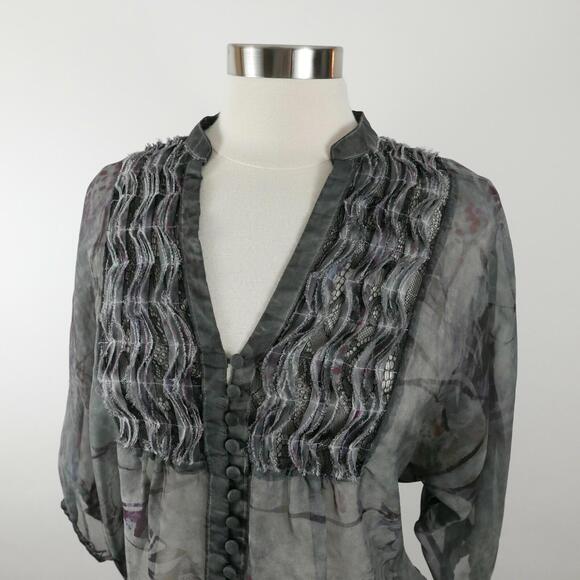 Jeans by Buffalo Womens Sheer Polyester 3/4 Sleeve Button Down Gray Blouse Small - Picture 2 of 8